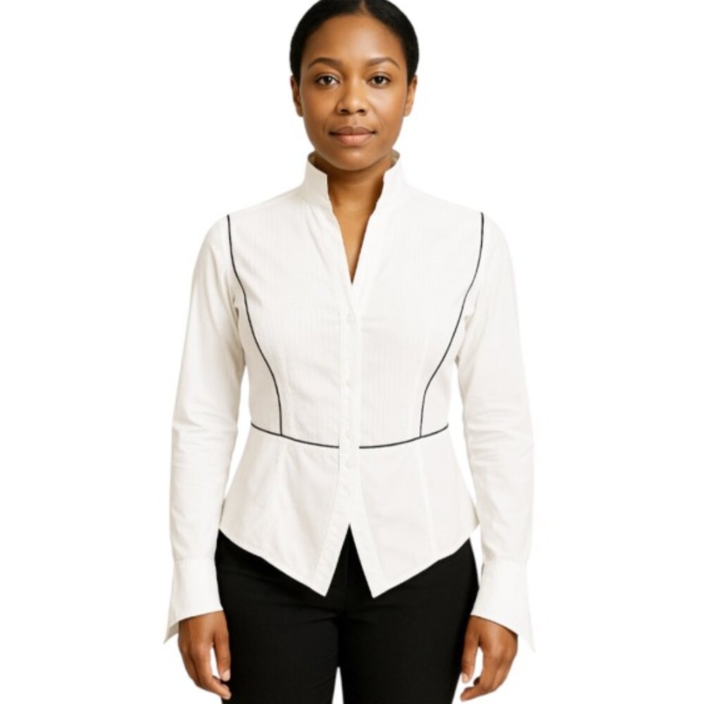 Anne Fontaine Medium White Split Neck Long Asymmetrical Cuff Pleat Detail Blouse